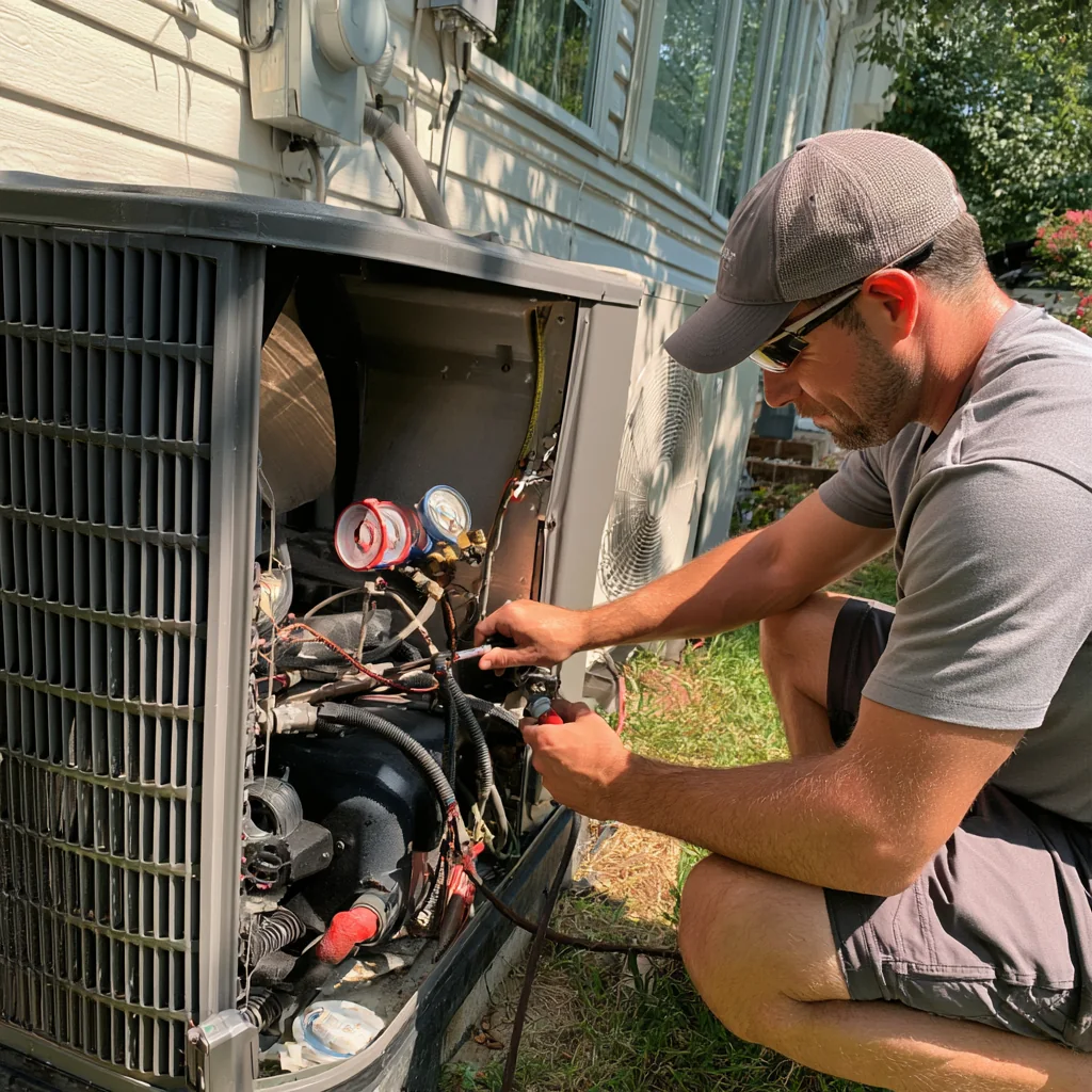 Technician checking gauges and wiring on an outdoor HVAC system