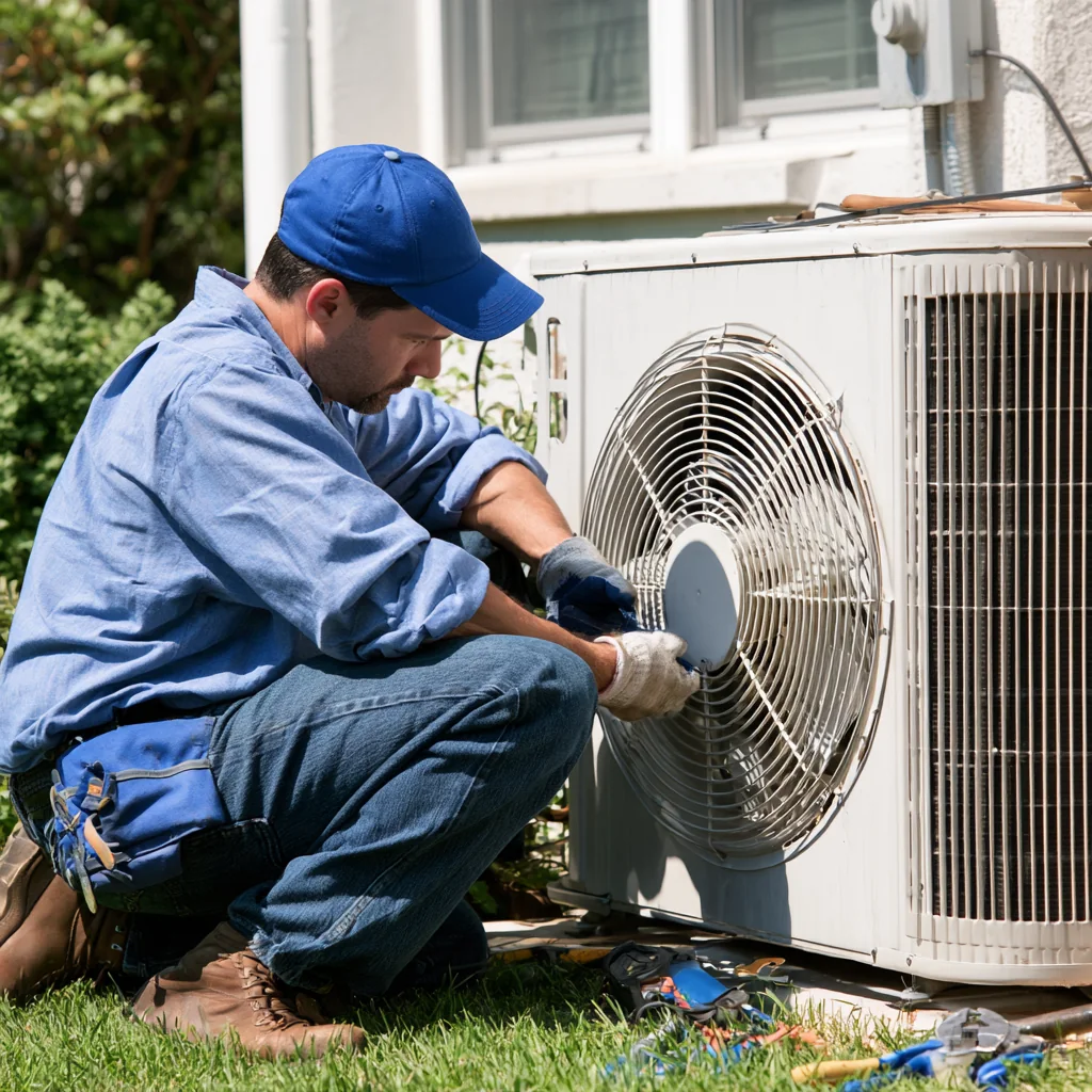 Technician servicing the fan on a residential outdoor air-conditioning unit