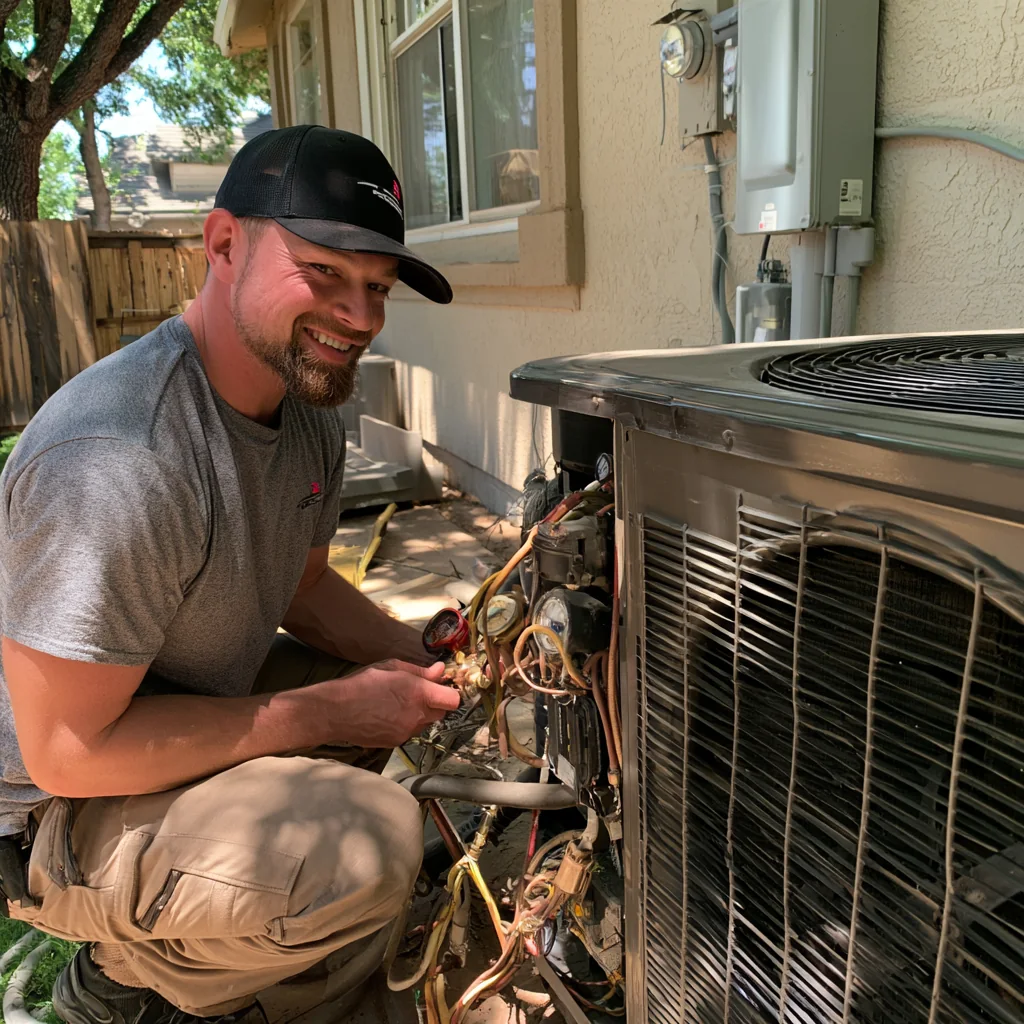 HVAC technician servicing an outdoor residential air conditioning unit