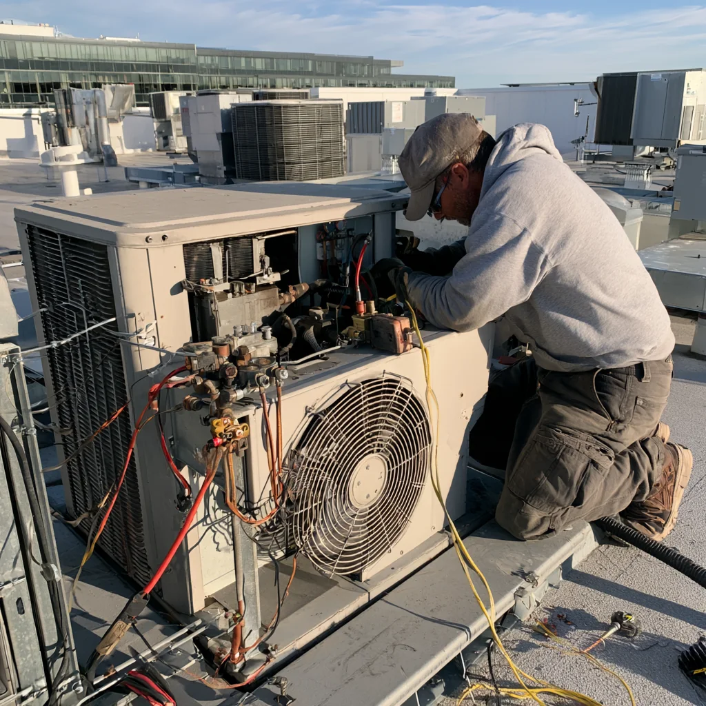 Technician servicing rooftop heating and cooling equipment