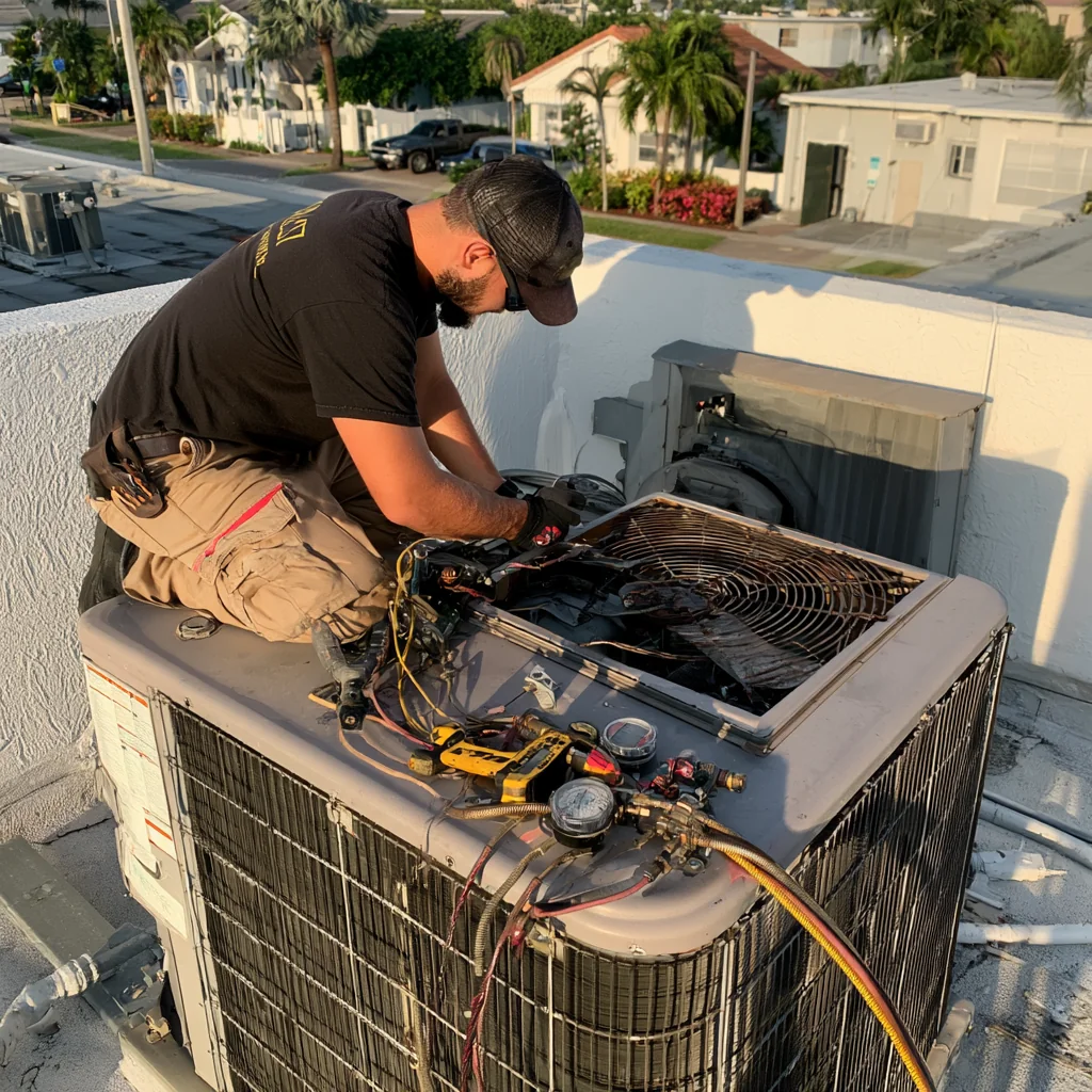 Technician working on a rooftop HVAC unit with diagnostic tools