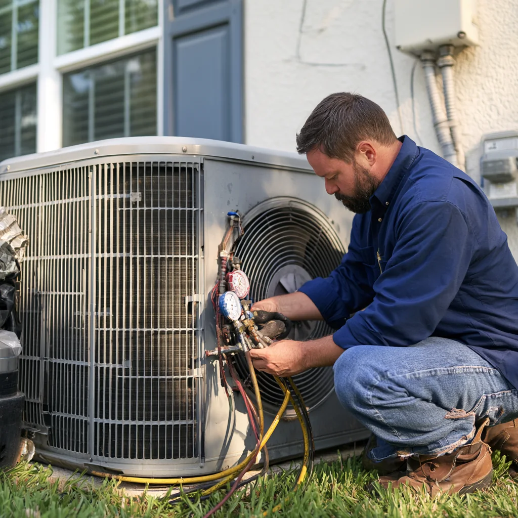 Technician connecting diagnostic gauges to an outdoor HVAC condenser