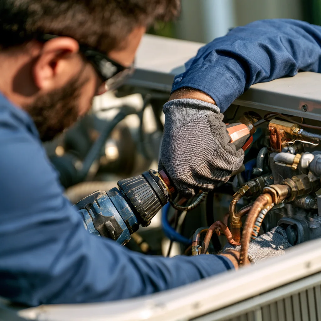 Close-up of a technician using a tool inside HVAC equipment