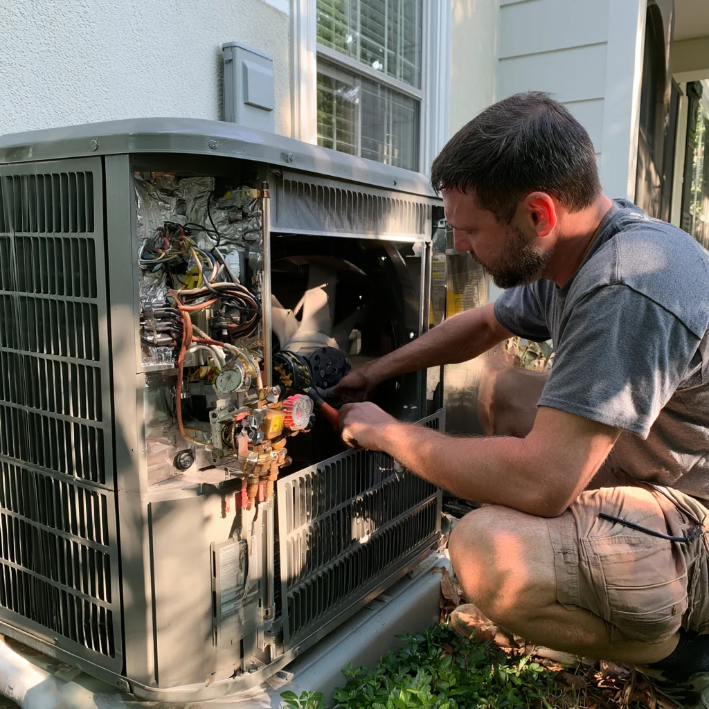 Technician responding to an open residential HVAC system outdoors